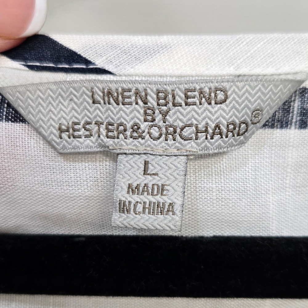 Linen Blend Stripe Shirt Top Women Large Coastal Grandma Nautical Split Neck Top - Picture 7 of 9